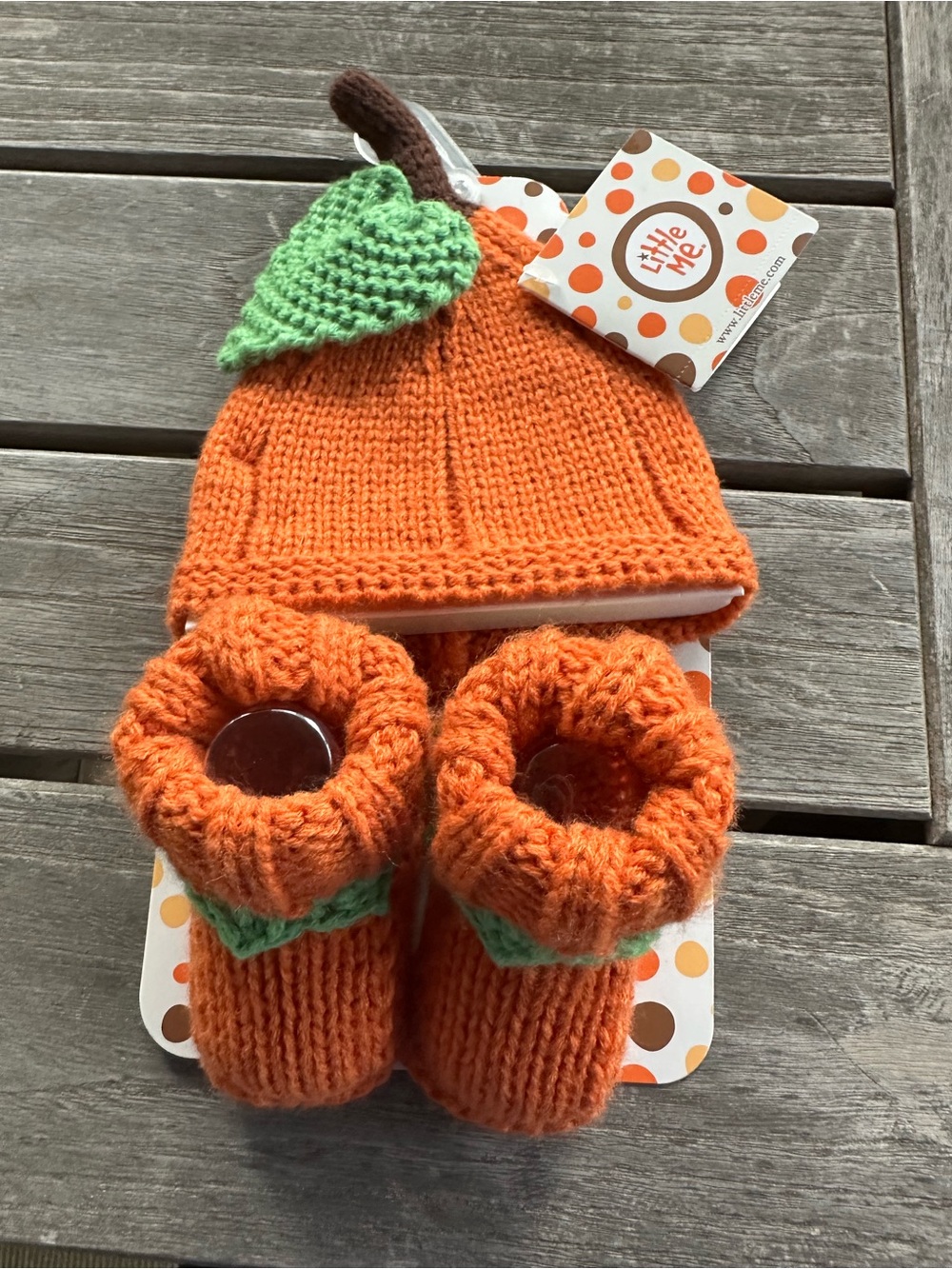 Little Me Orange Pumpkin Knit Hat and Booties Set with Green Leaf